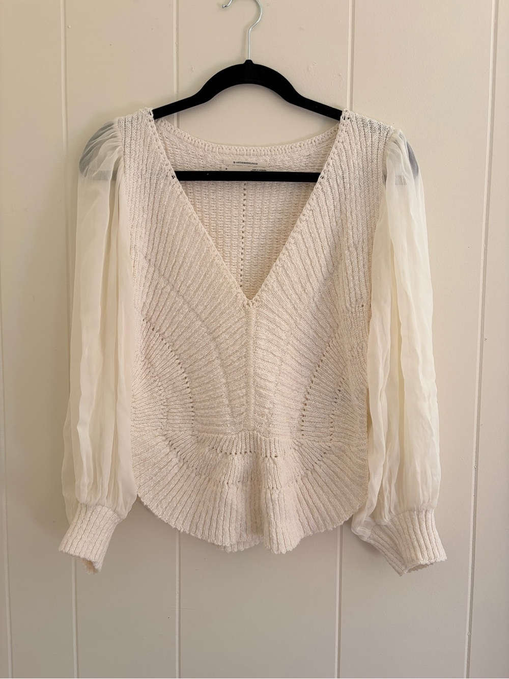 Anthropologie Cream V-Neck Knit Top with Sheer Puff Sleeves